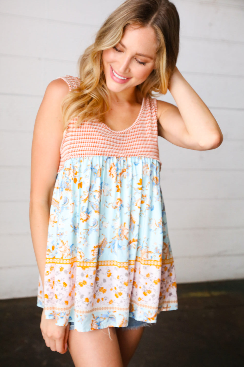 Orange & Blue Two Tone Floral Back Tie Tank