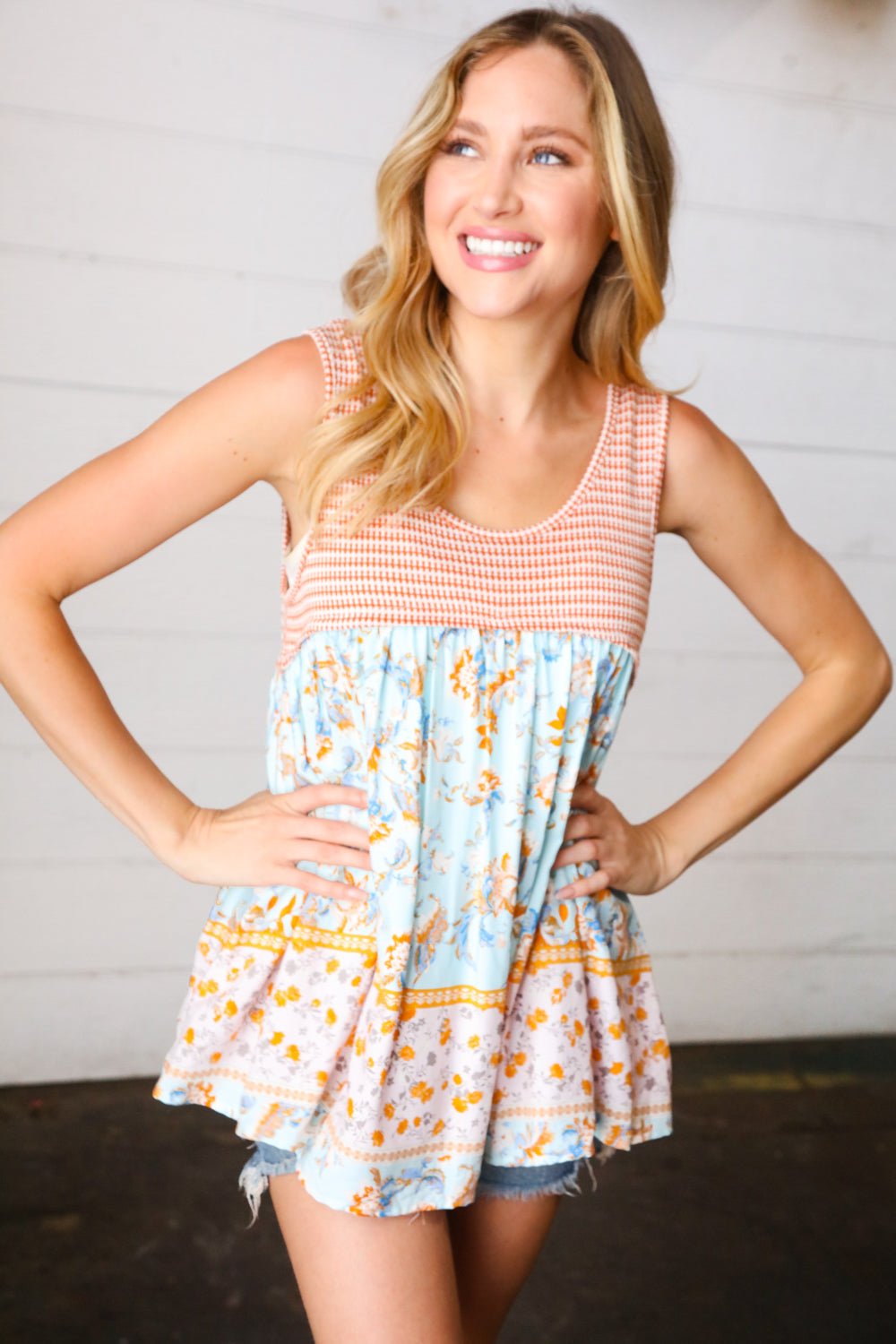 Orange & Blue Two Tone Floral Back Tie Tank