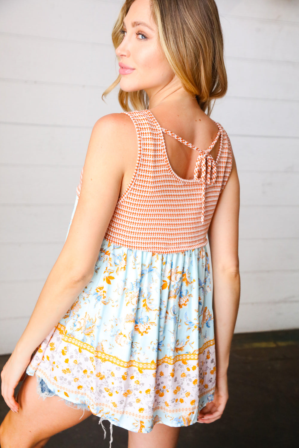 Orange & Blue Two Tone Floral Back Tie Tank