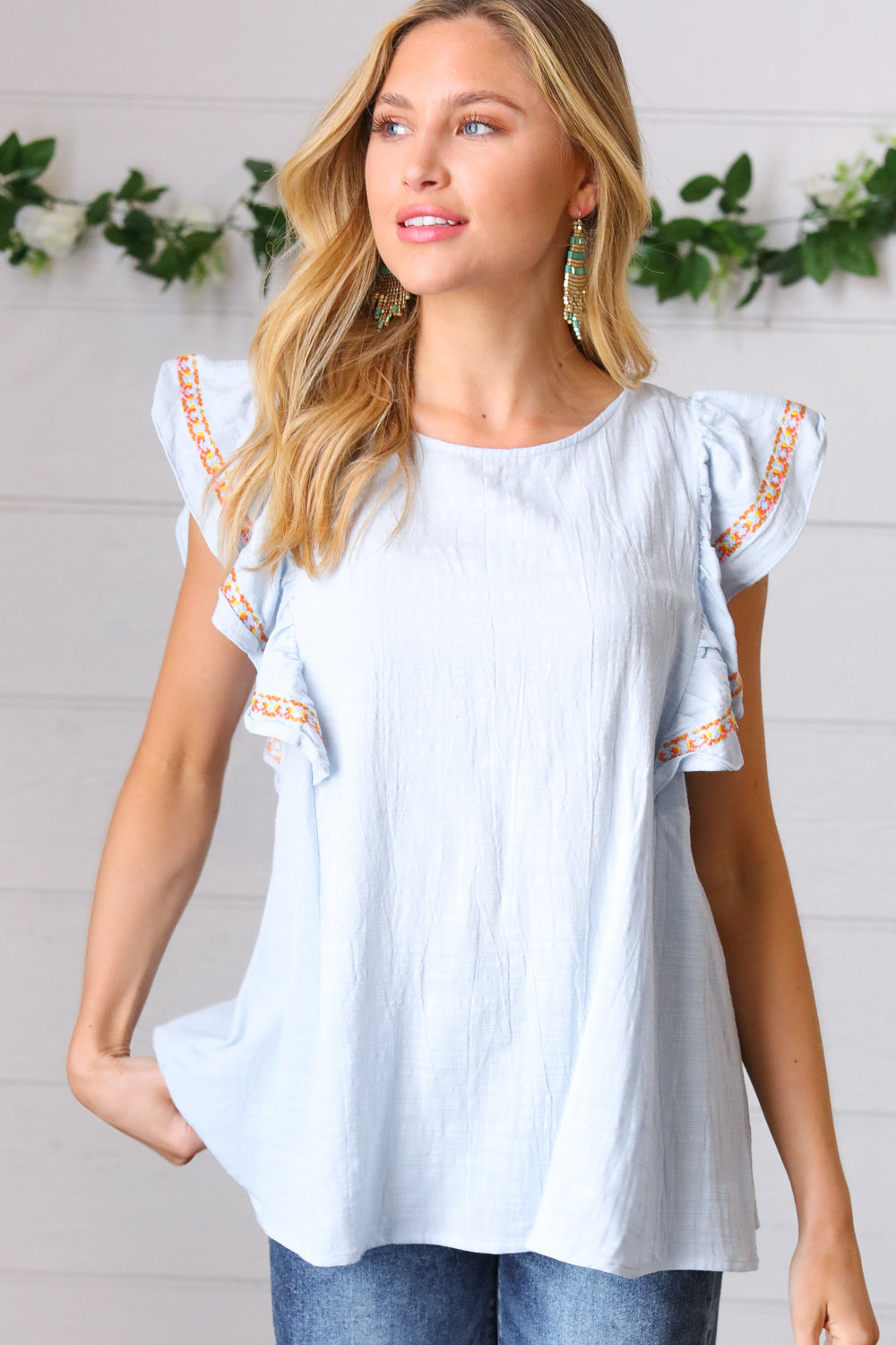 Chambray Embroidered Flutter Sleeve Top