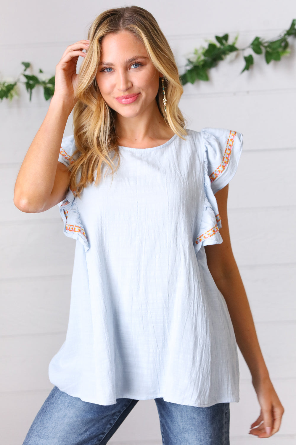 Chambray Embroidered Flutter Sleeve Top