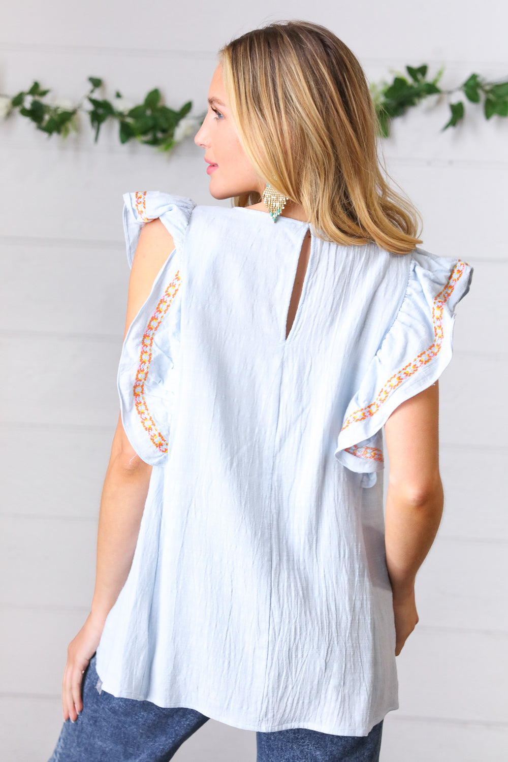 Chambray Embroidered Flutter Sleeve Top