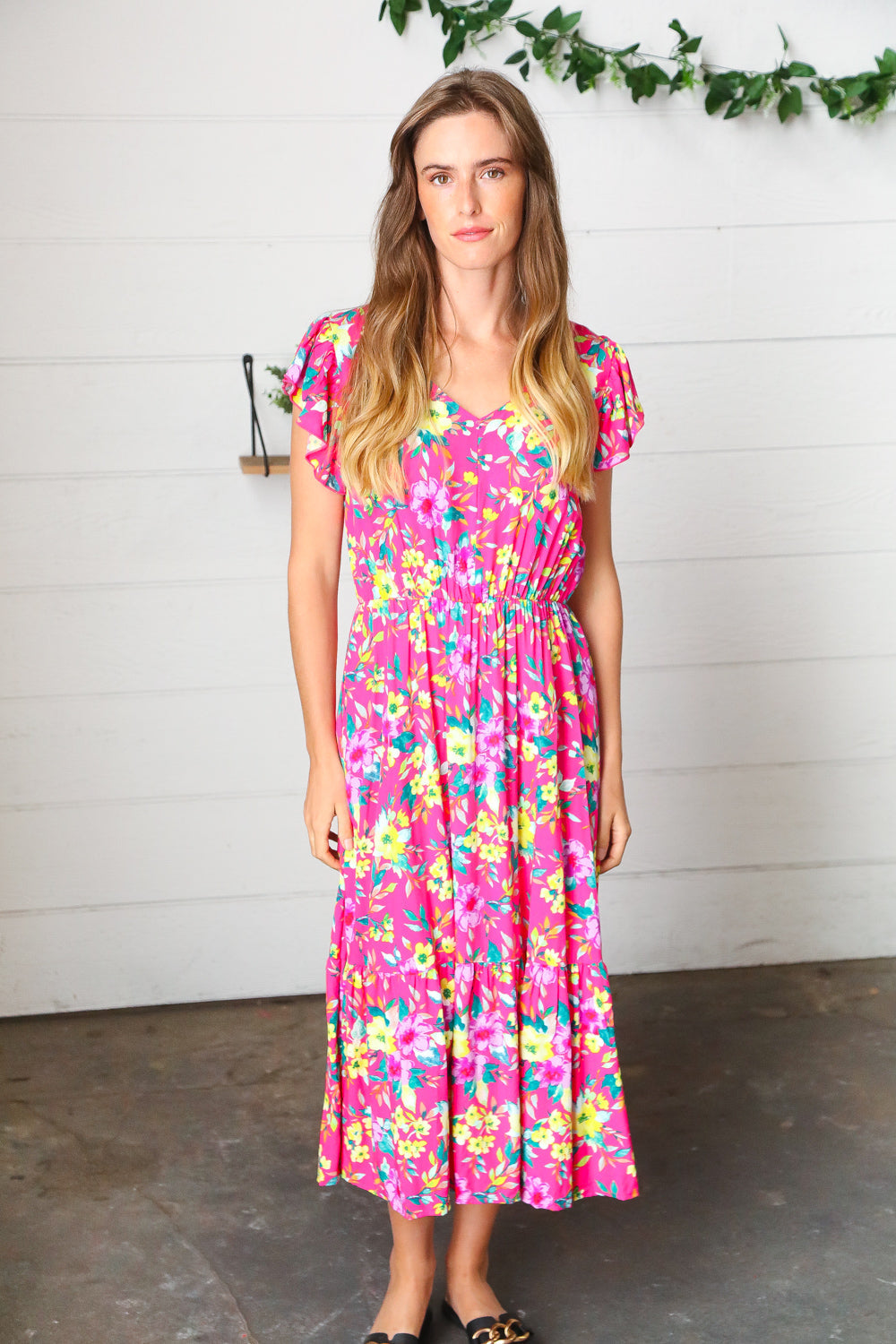 Fuchsia & Yellow Floral Elastic Waist Ruffle Midi Dress