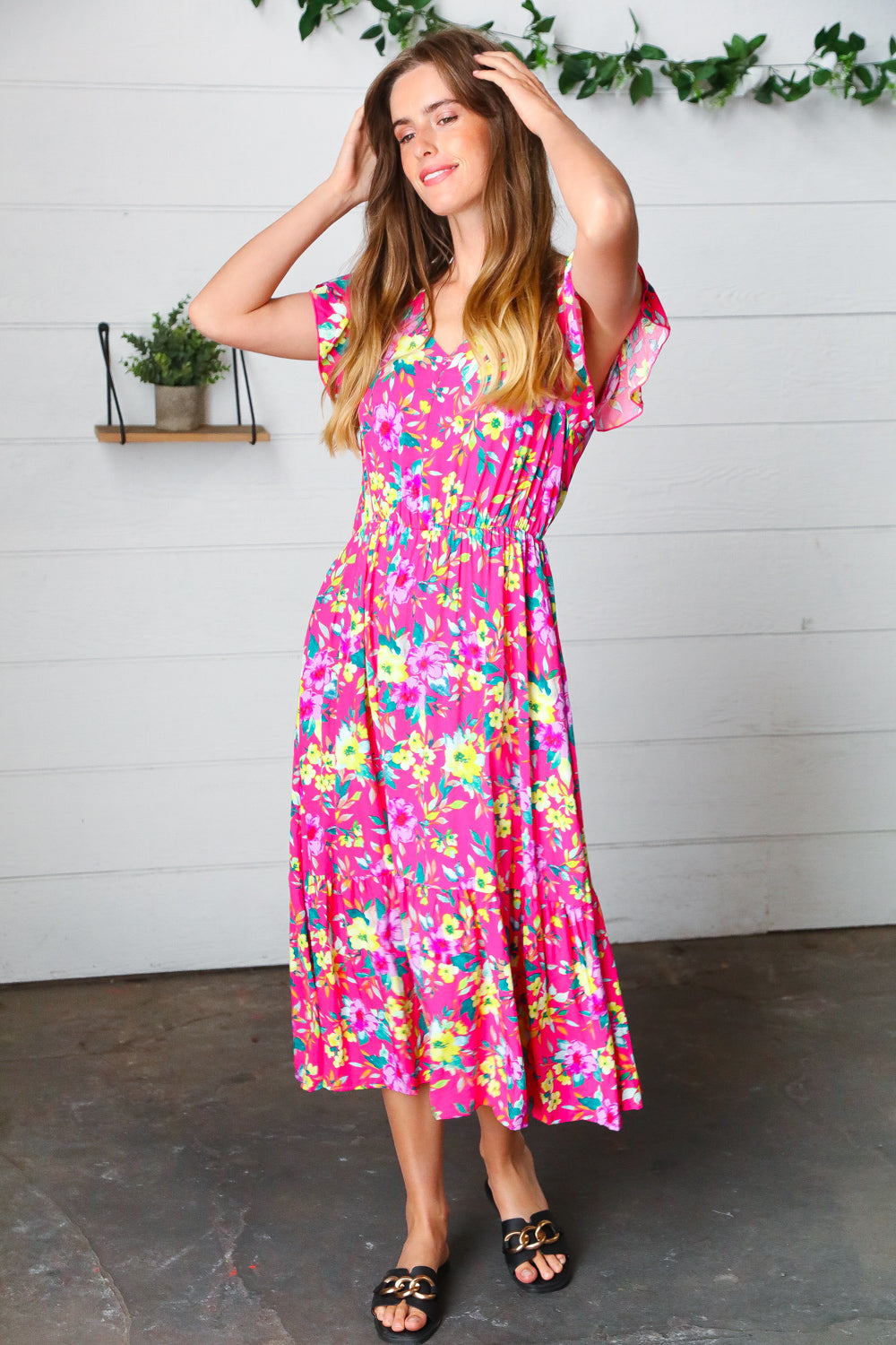 Fuchsia & Yellow Floral Elastic Waist Ruffle Midi Dress