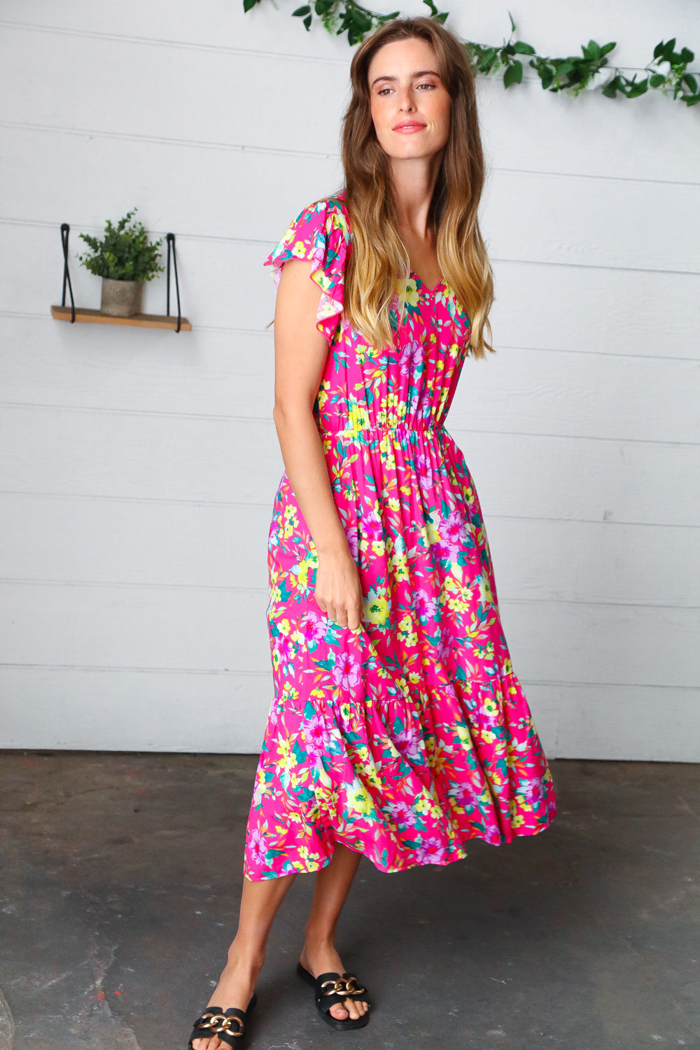 Fuchsia & Yellow Floral Elastic Waist Ruffle Midi Dress