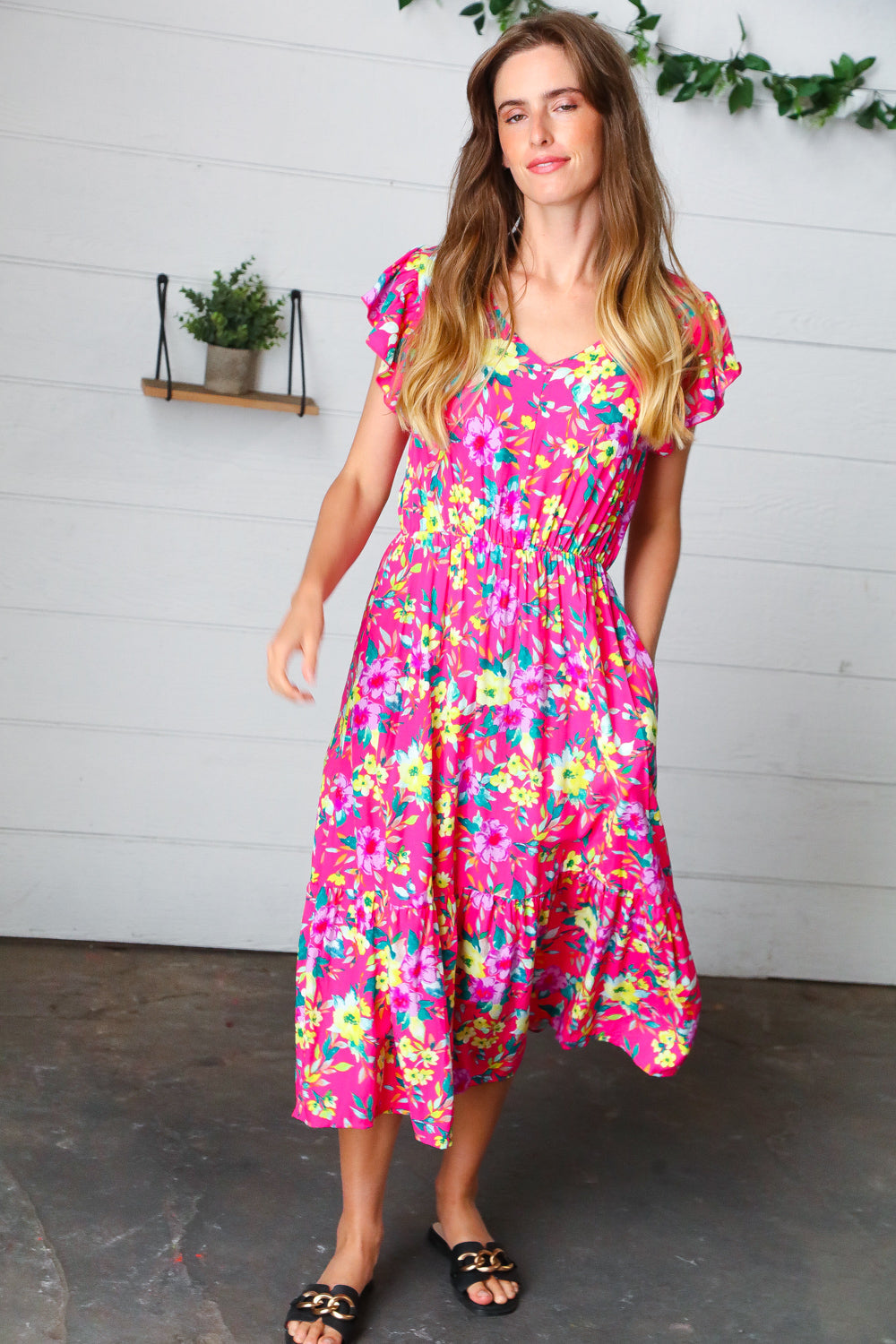 Fuchsia & Yellow Floral Elastic Waist Ruffle Midi Dress