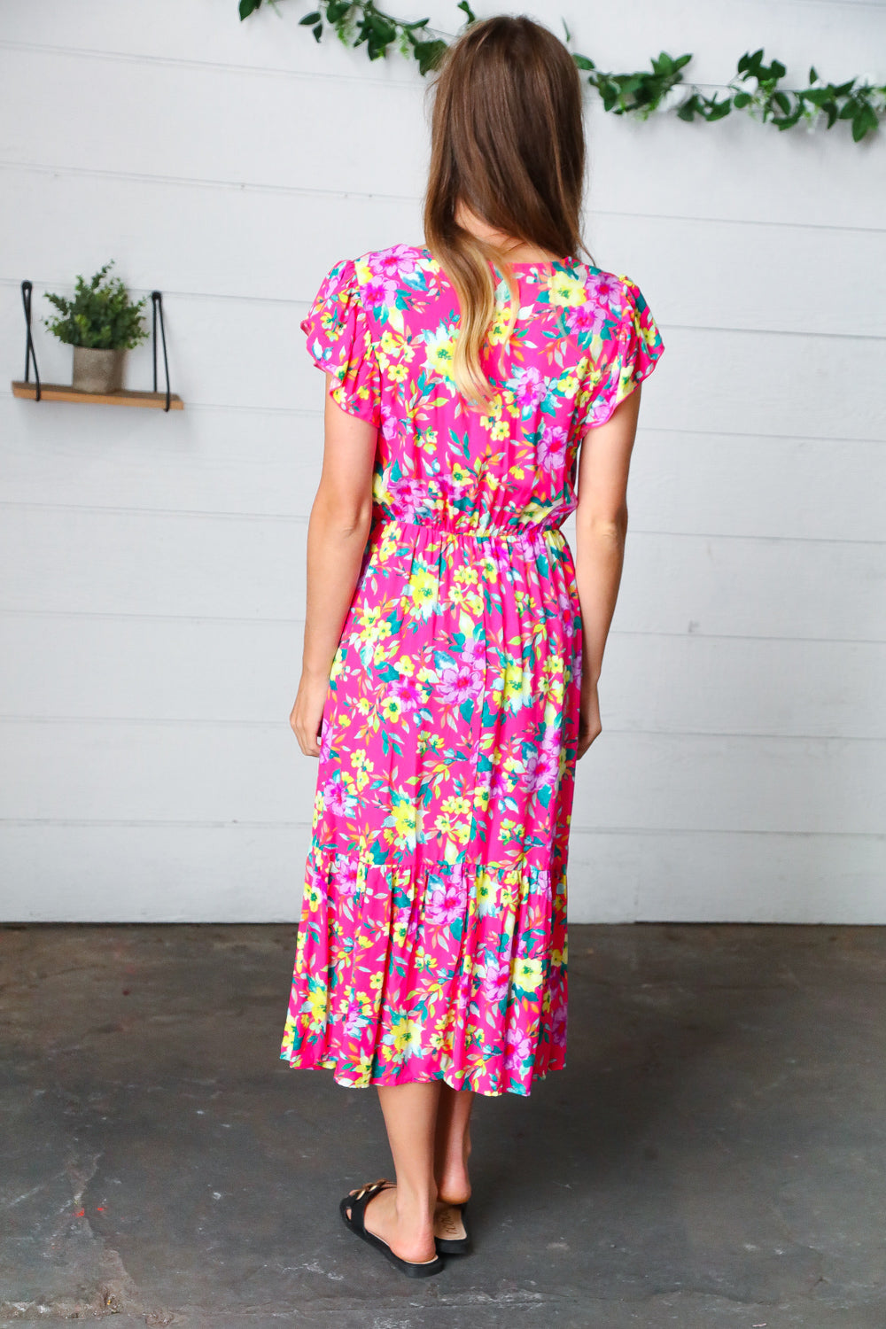 Fuchsia & Yellow Floral Elastic Waist Ruffle Midi Dress