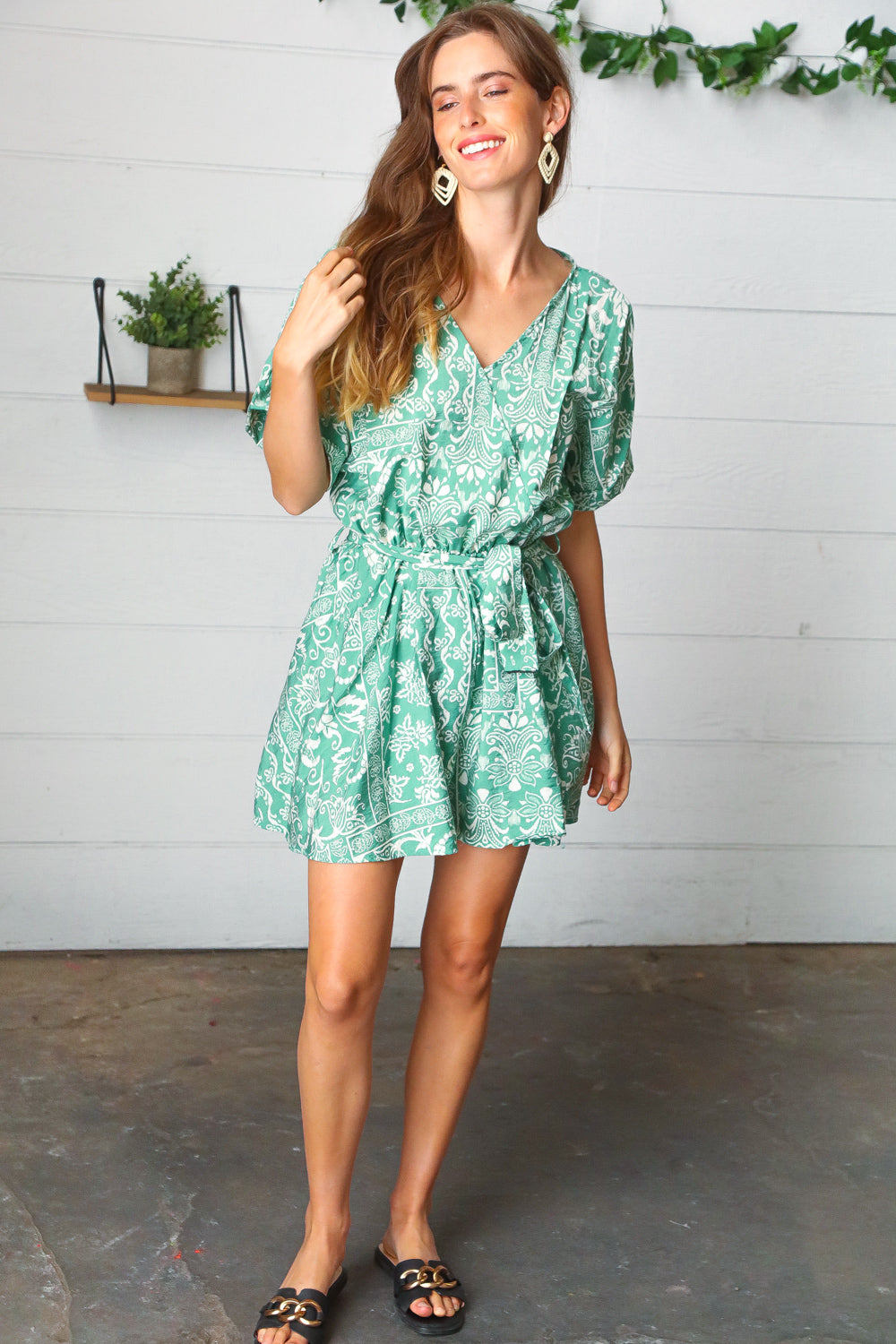 Sage Green Boho Surplice Pocketed Romper