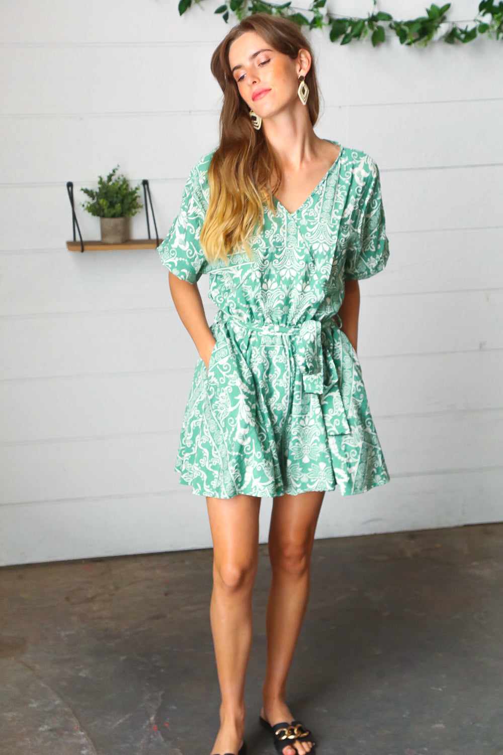 Sage Green Boho Surplice Pocketed Romper