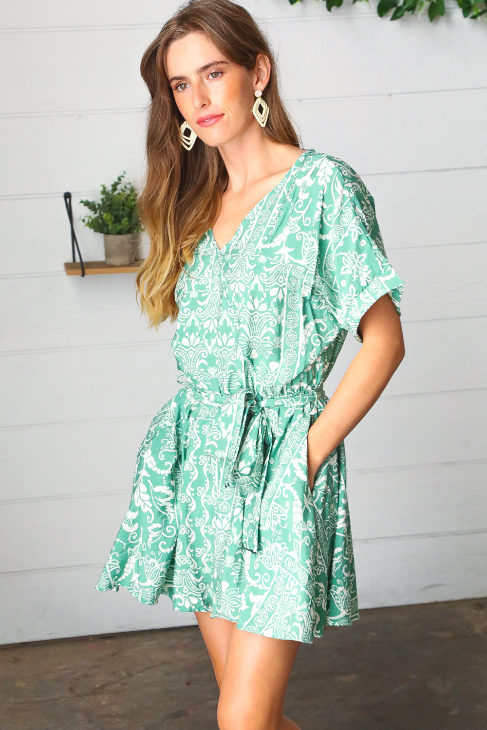 Sage Green Boho Surplice Pocketed Romper