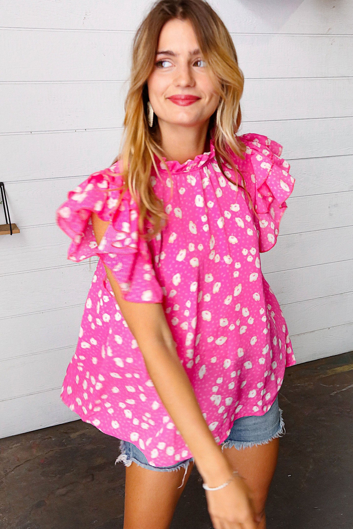 Hot Pink Floral Mock Neck Double Flutter Sleeve Top