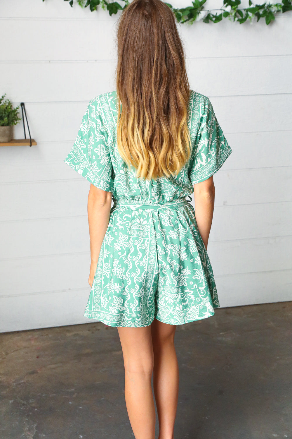 Sage Green Boho Surplice Pocketed Romper
