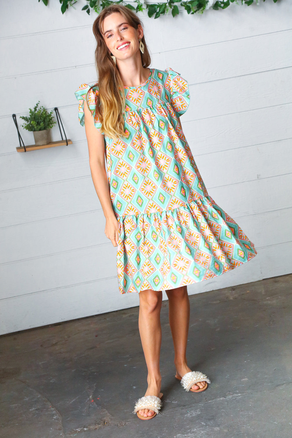 Mint Geo Boho Print Yoke Poplin Woven Dress