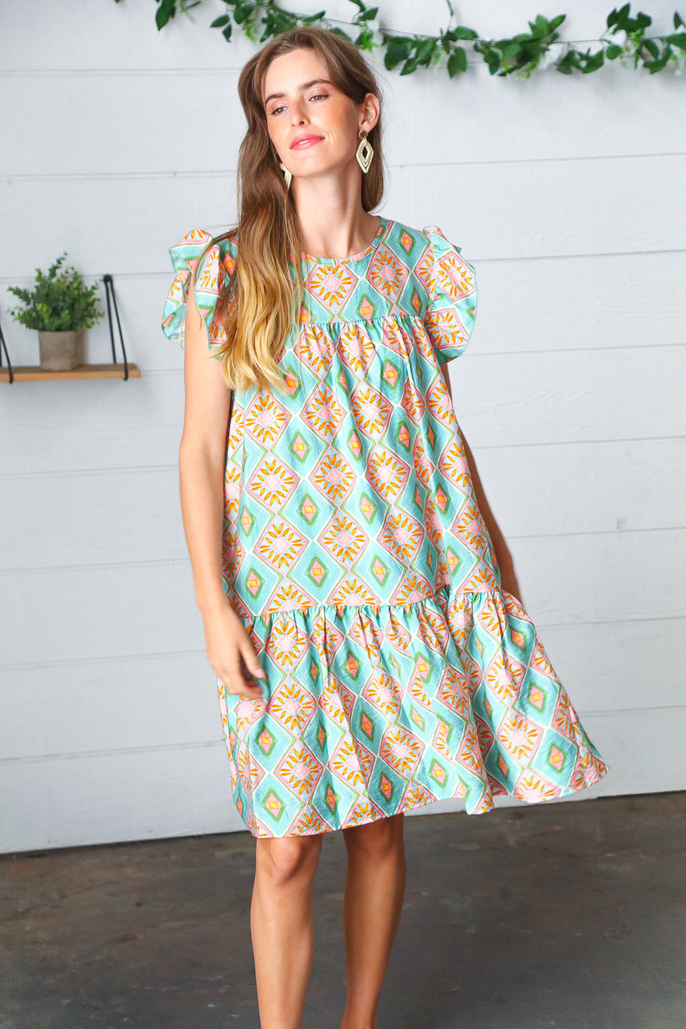 Mint Geo Boho Print Yoke Poplin Woven Dress