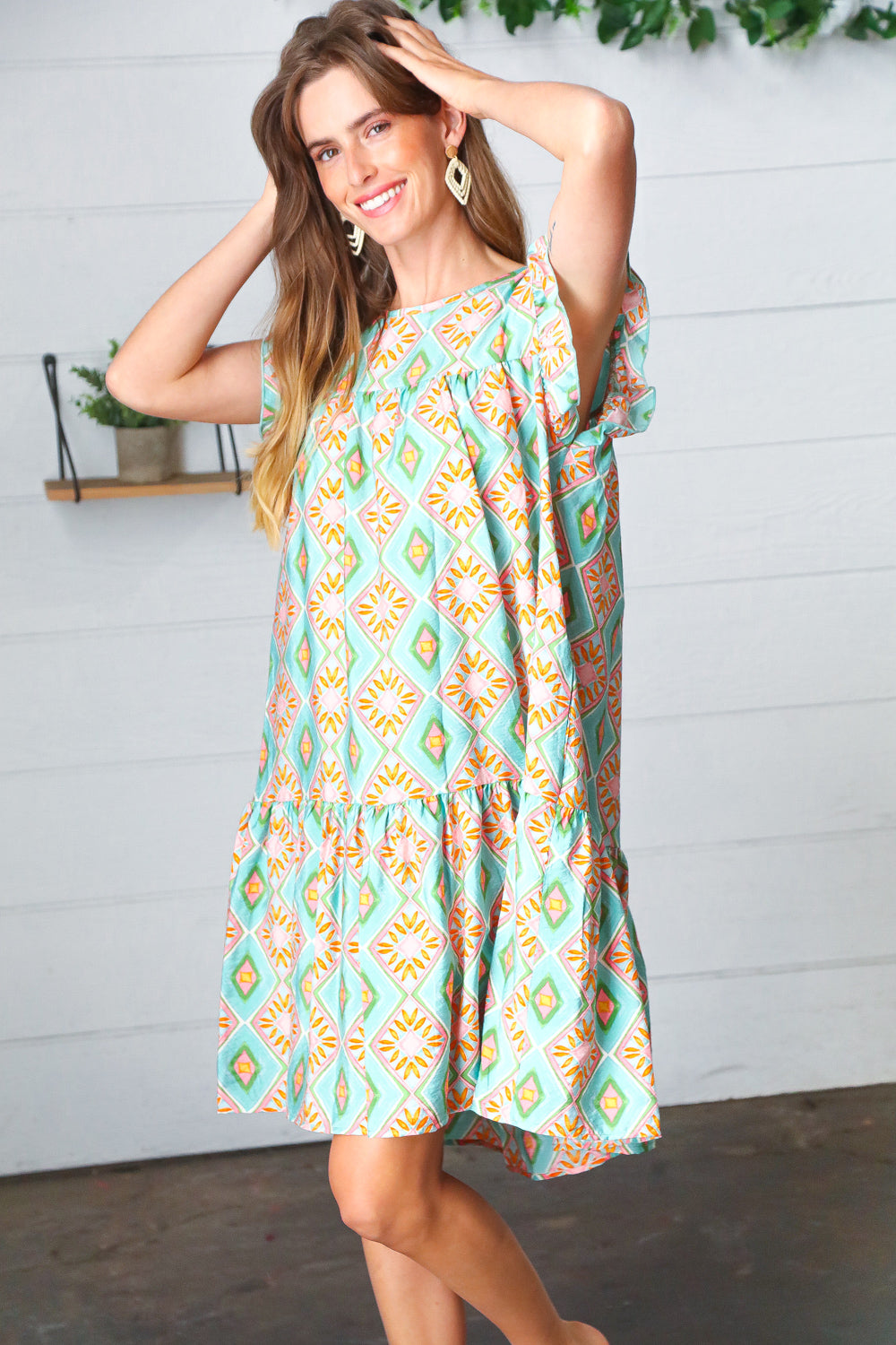 Mint Geo Boho Print Yoke Poplin Woven Dress