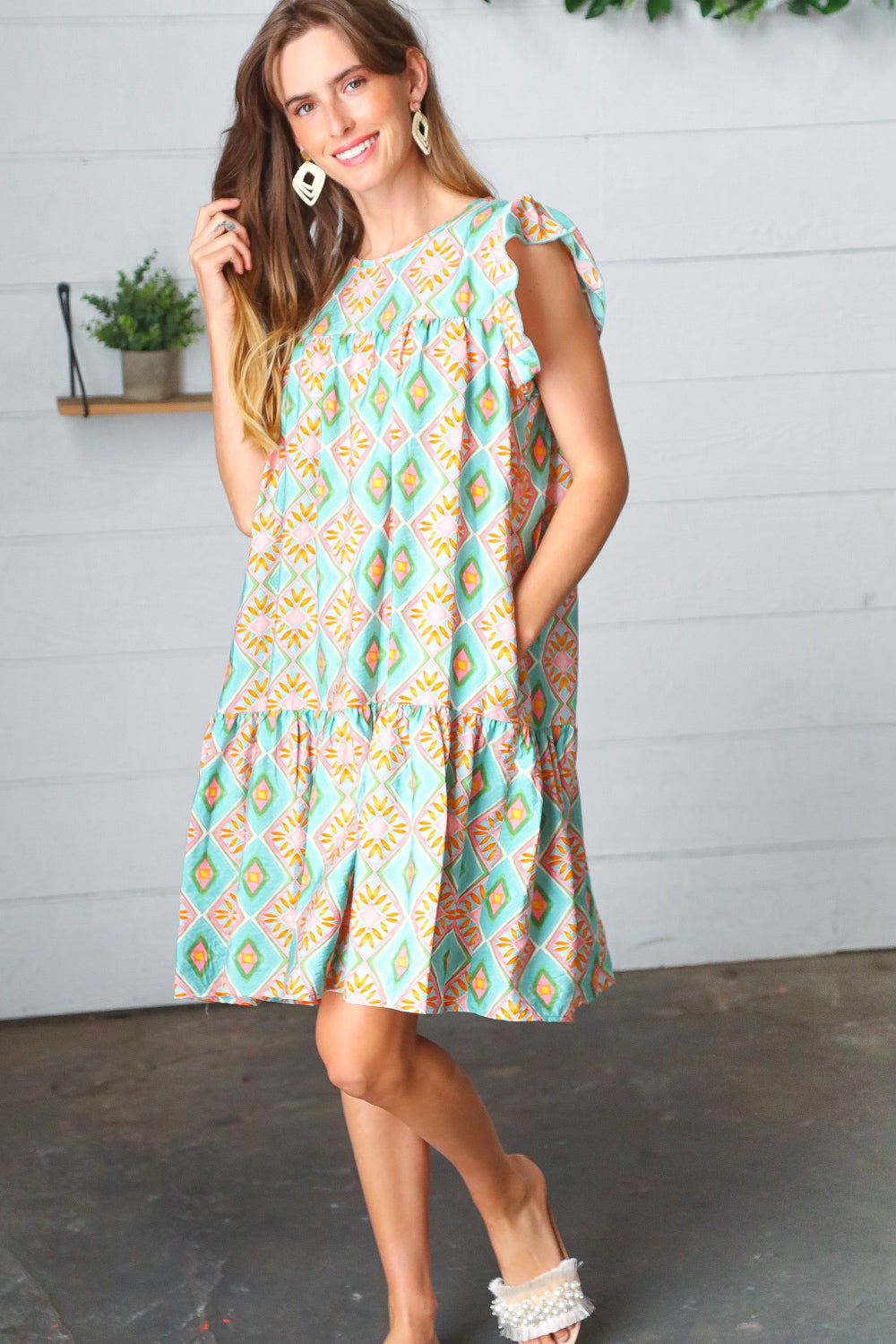 Mint Geo Boho Print Yoke Poplin Woven Dress