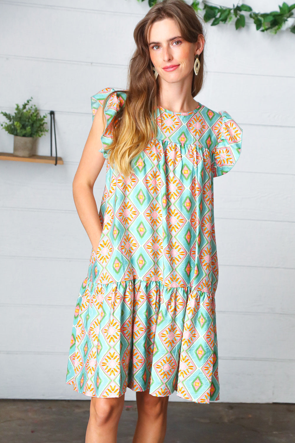 Mint Geo Boho Print Yoke Poplin Woven Dress