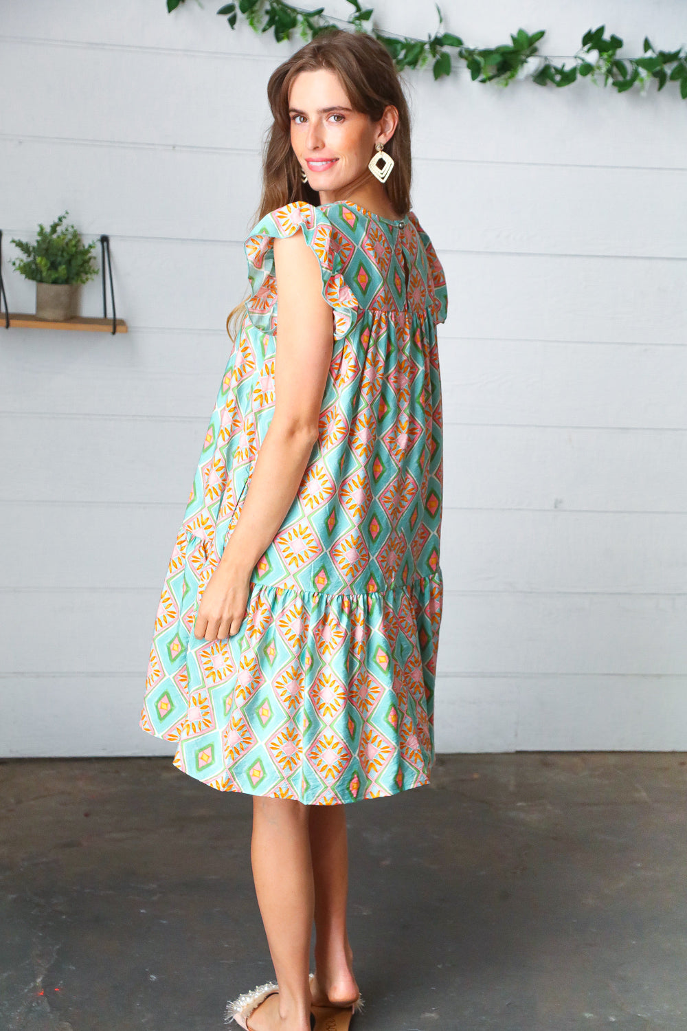 Mint Geo Boho Print Yoke Poplin Woven Dress