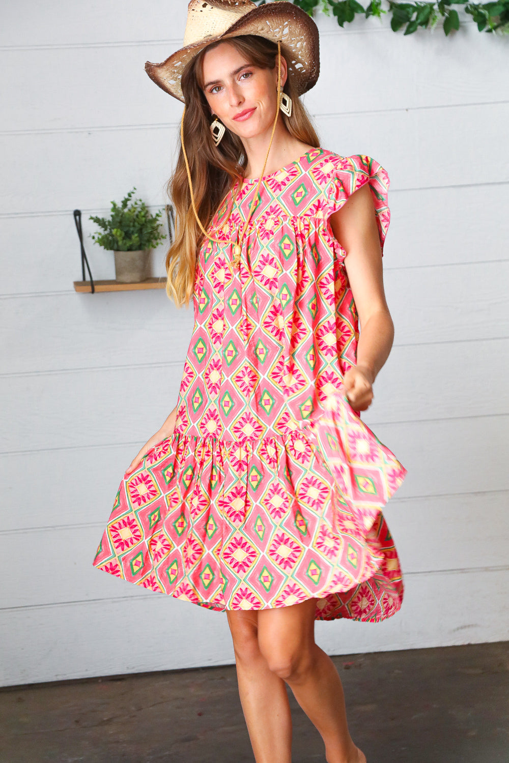 Coral Geo Boho Print Yoke Poplin Woven Dress