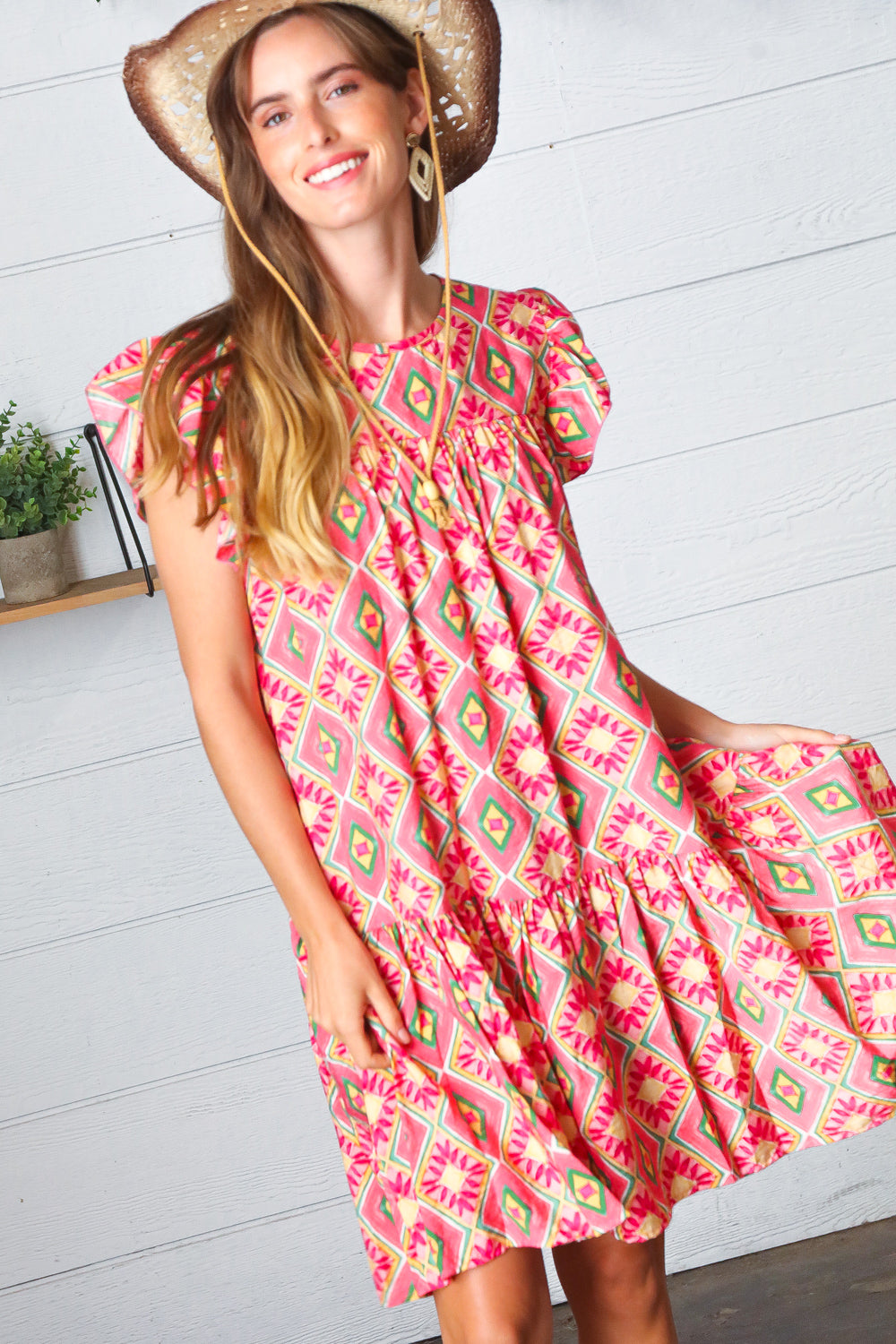 Coral Geo Boho Print Yoke Poplin Woven Dress