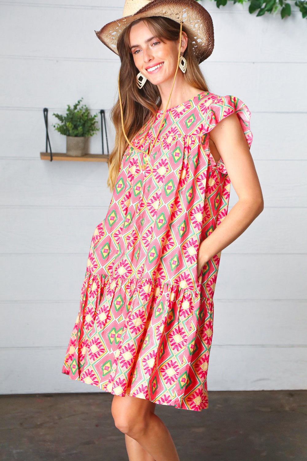 Coral Geo Boho Print Yoke Poplin Woven Dress