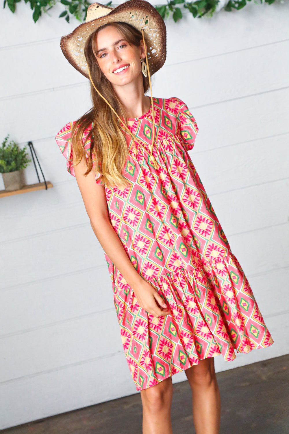 Coral Geo Boho Print Yoke Poplin Woven Dress