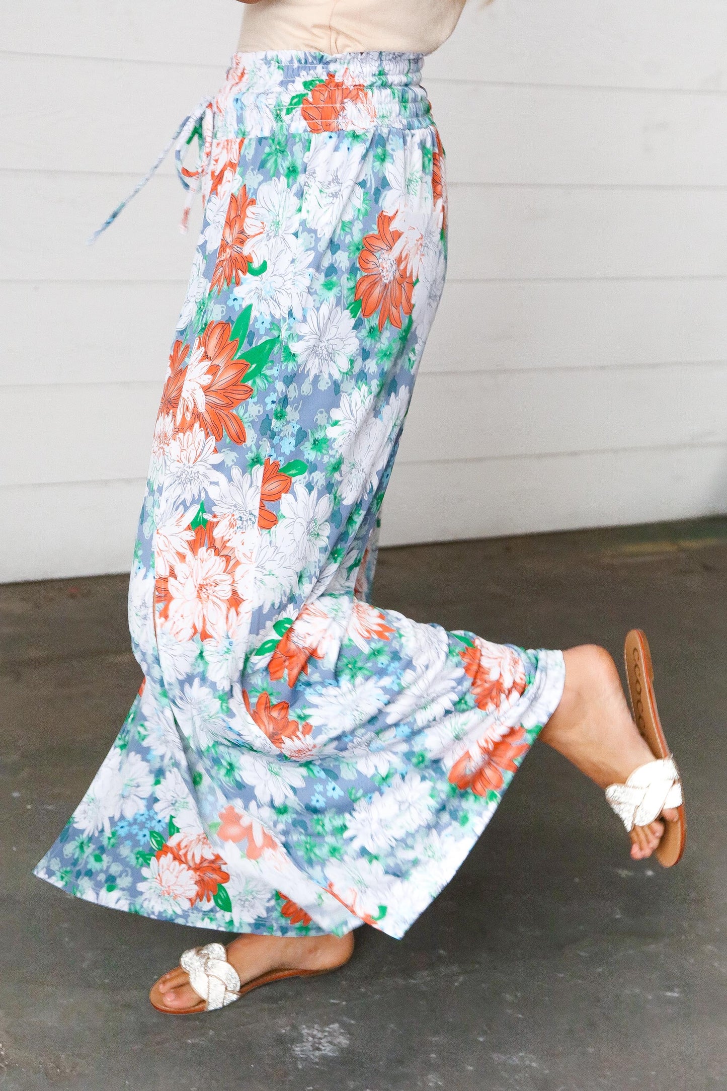 Grey Floral Smocked Waist Side Slit Palazzo Pants