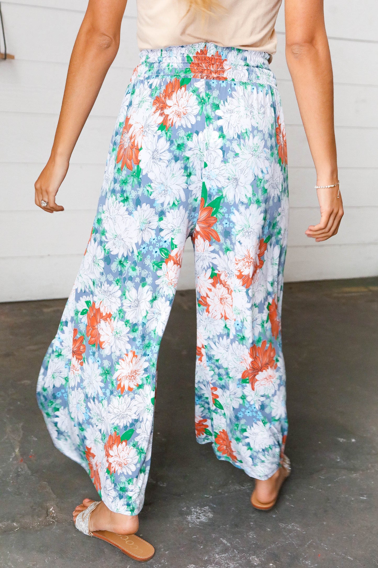 Grey Floral Smocked Waist Side Slit Palazzo Pants