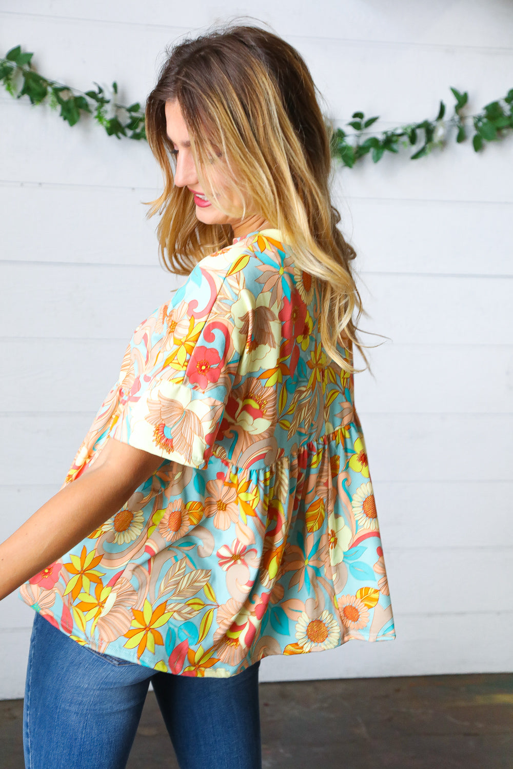 Peach & Aqua Floral Babydoll Top