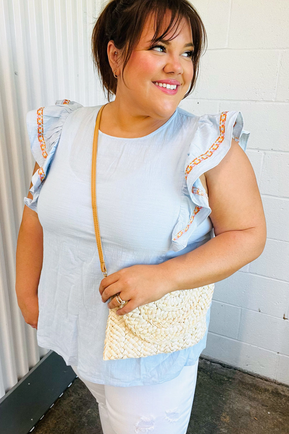 Chambray Embroidered Flutter Sleeve Top