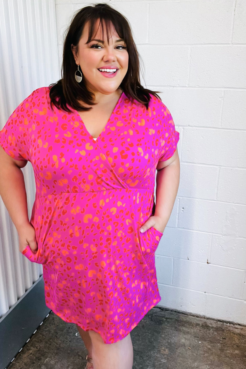 Fuchsia Leopard Surplice V Neck Pocketed Dress