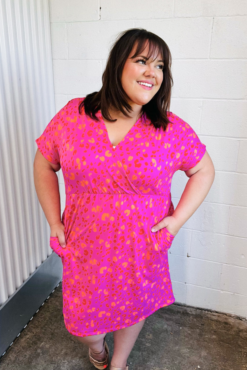Fuchsia Leopard Surplice V Neck Pocketed Dress