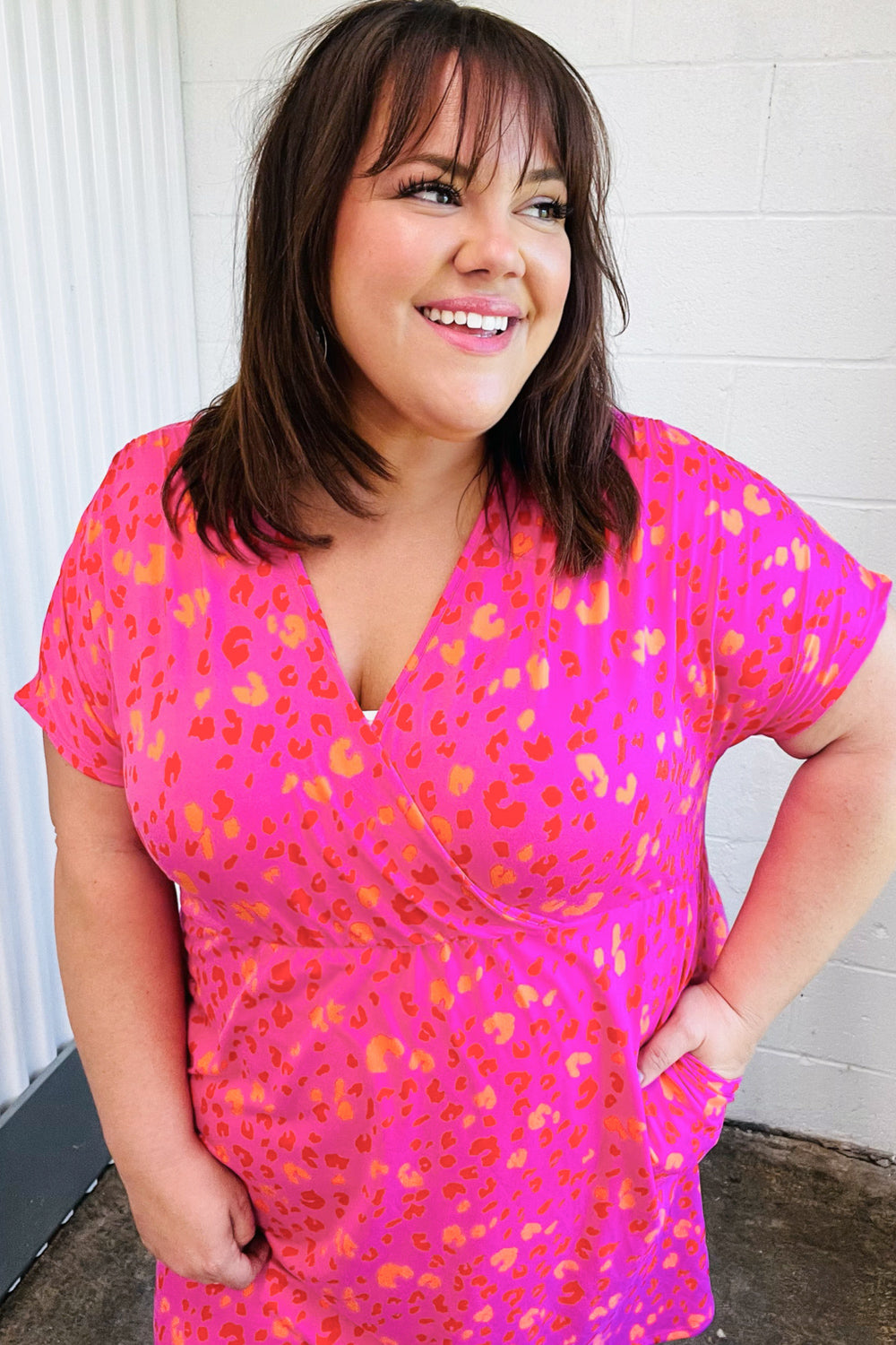 Fuchsia Leopard Surplice V Neck Pocketed Dress