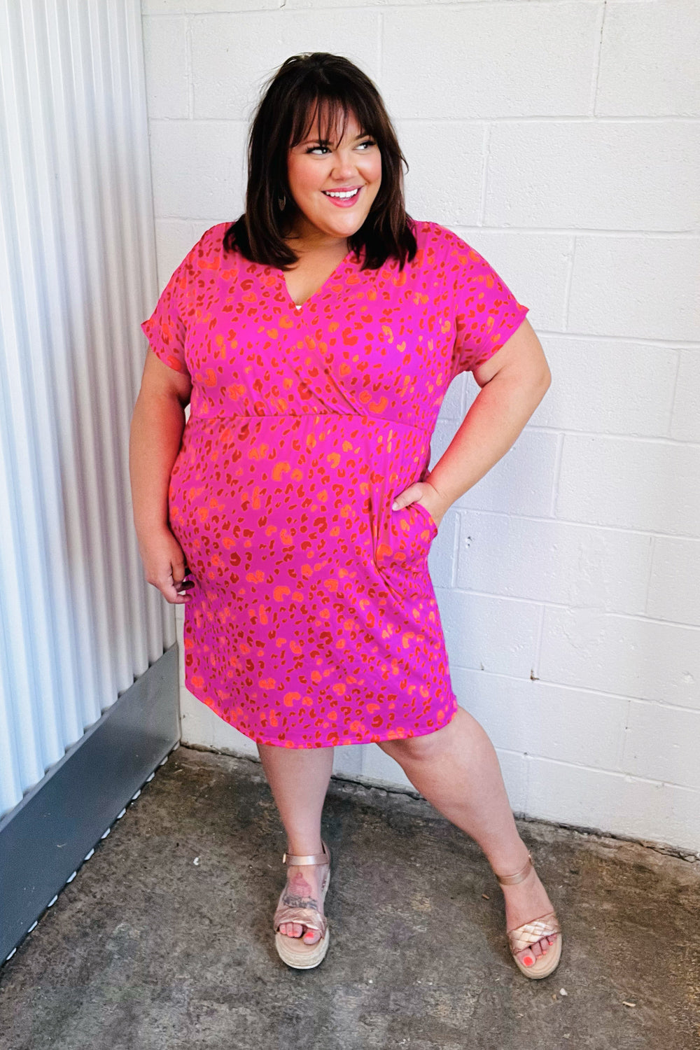 Fuchsia Leopard Surplice V Neck Pocketed Dress