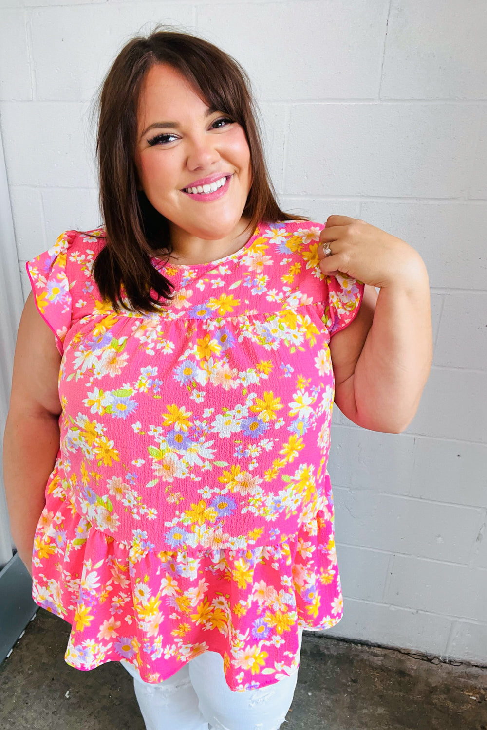 Pink Floral Yoke Flutter Sleeve Keyhole Back Top