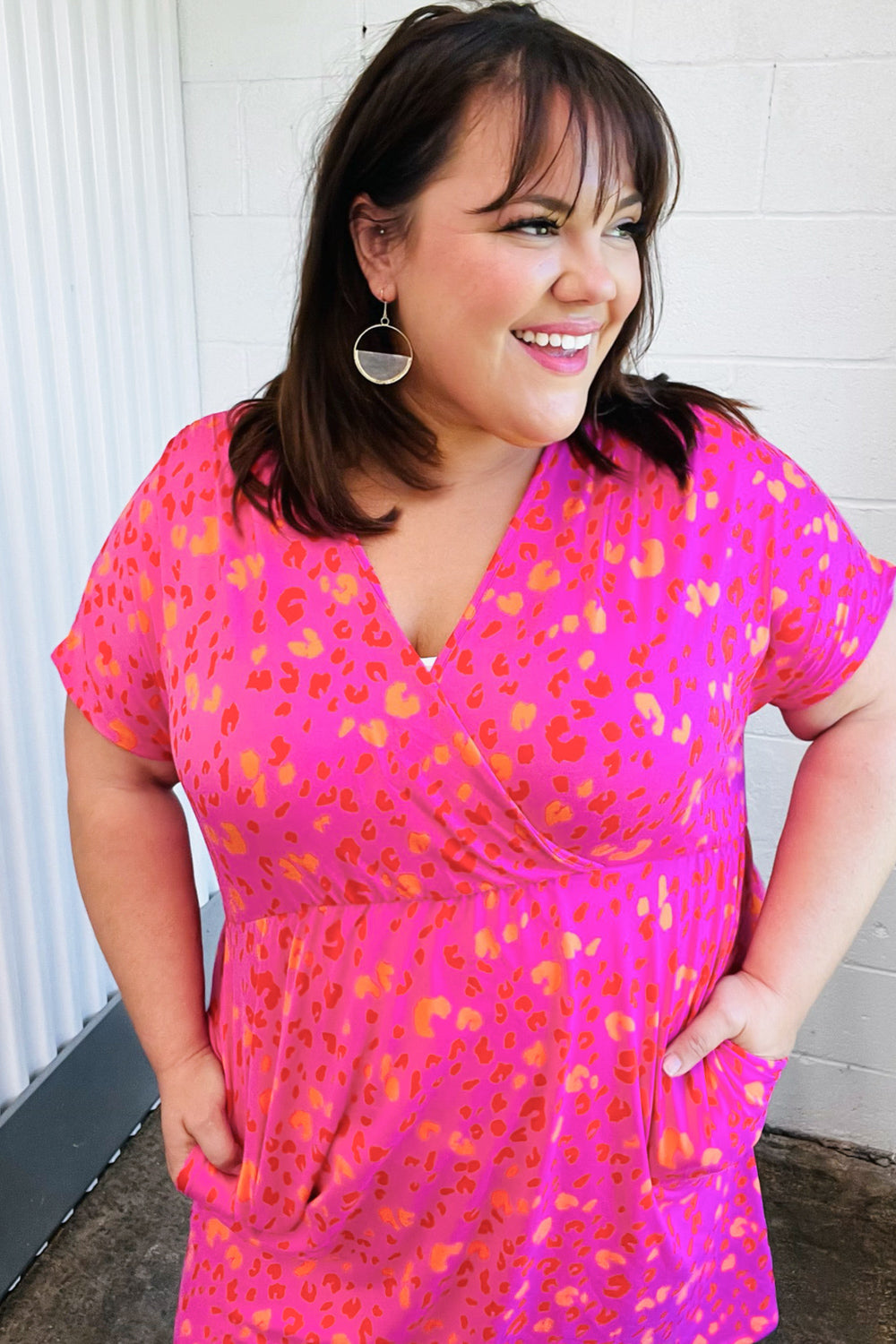Fuchsia Leopard Surplice V Neck Pocketed Dress