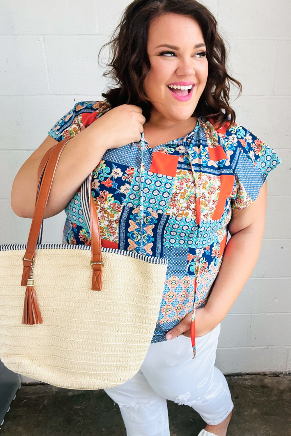 Cream Boho Raffia Woven Lined Large Tote Bag