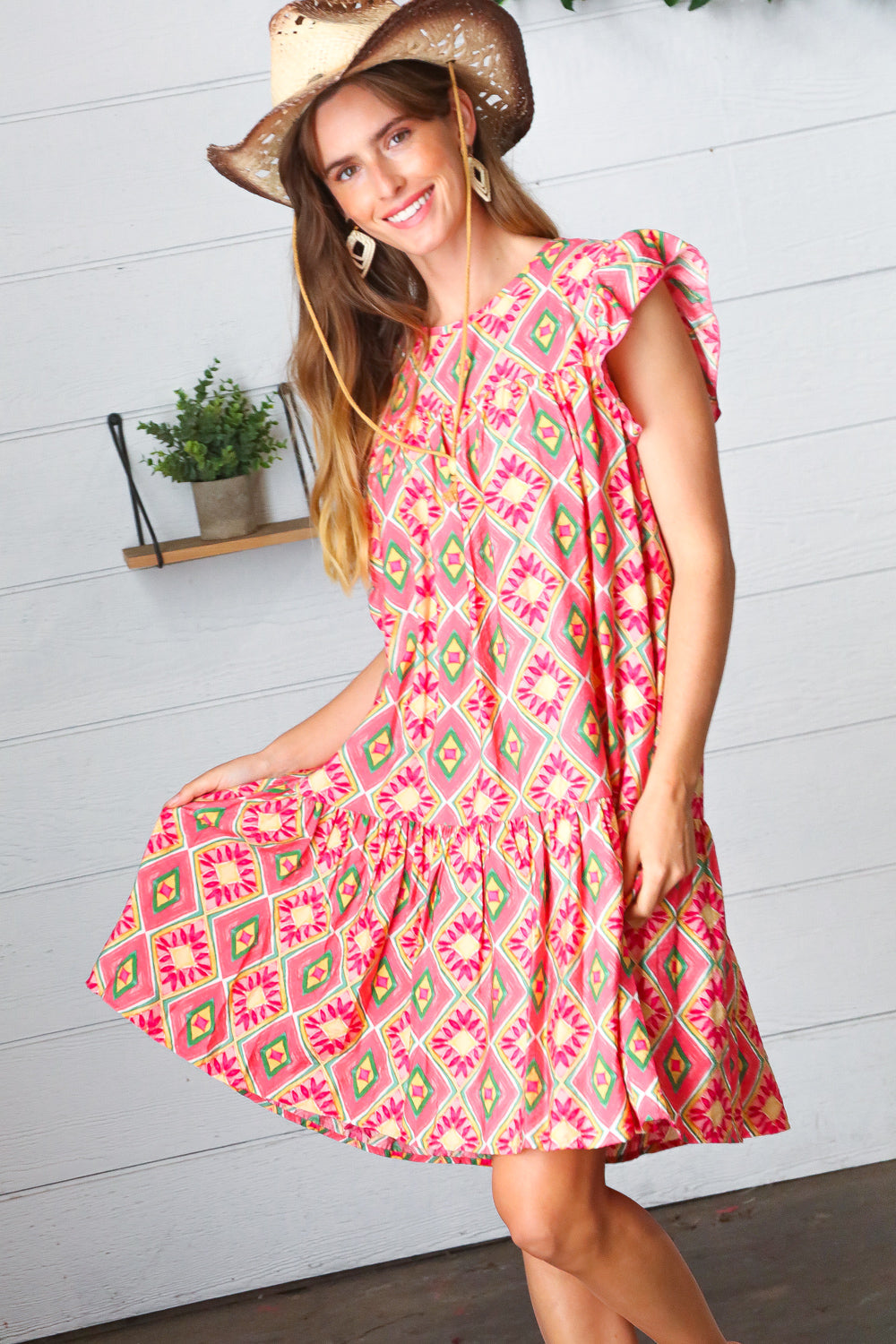 Coral Geo Boho Print Yoke Poplin Woven Dress