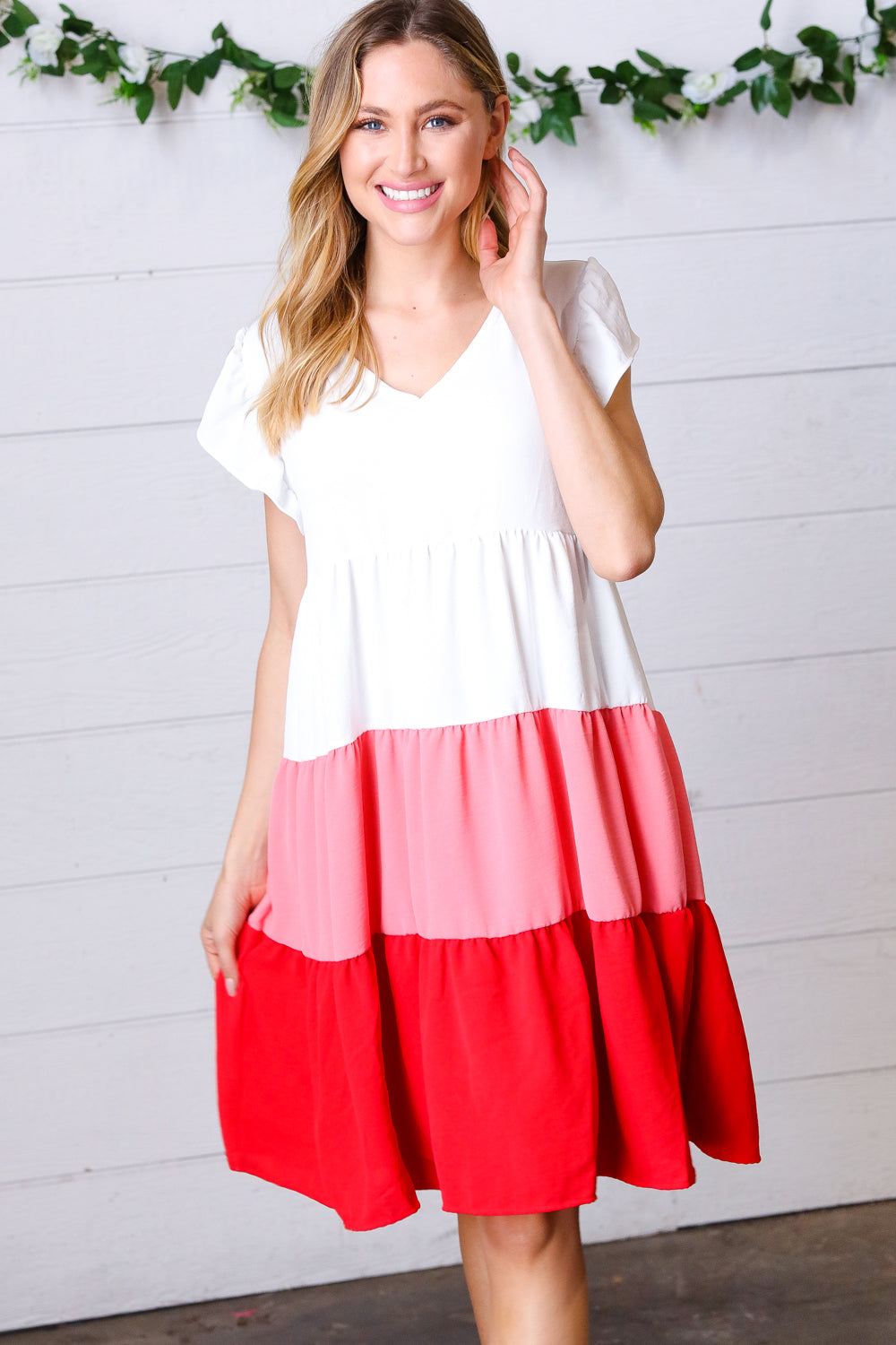 Peach & Cherry Red Tiered Frill Sleeve Midi Dress