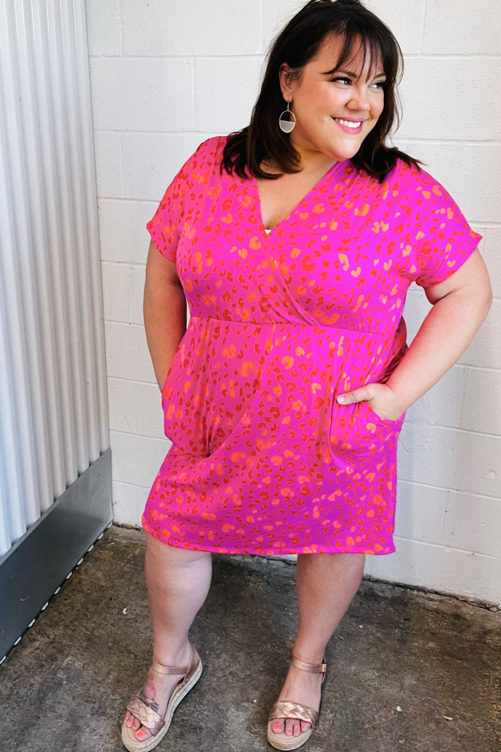 Fuchsia Leopard Surplice V Neck Pocketed Dress