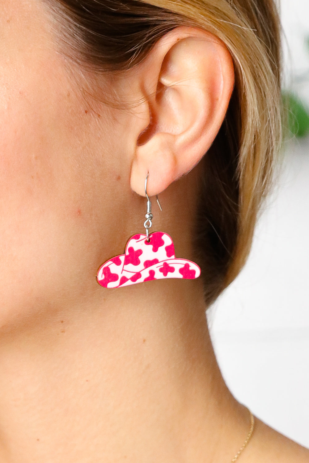 Pink Wooden Cow Print Hat Earrings