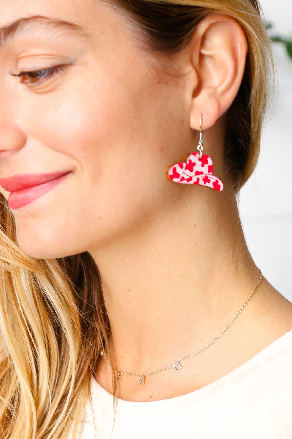 Pink Wooden Cow Print Hat Earrings