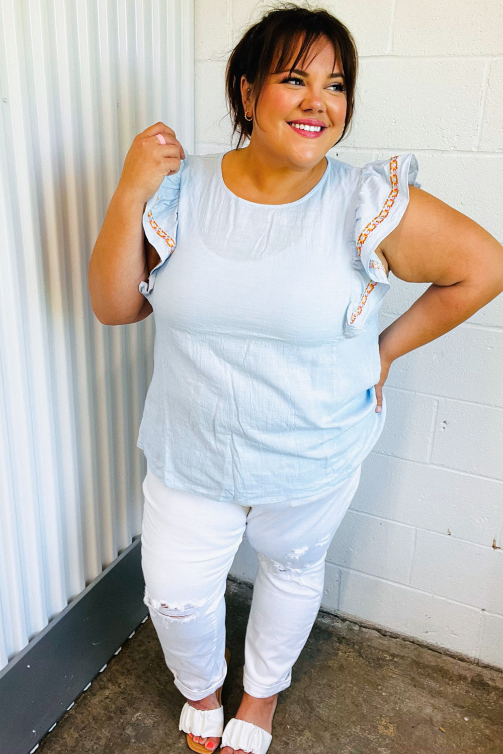 Chambray Embroidered Flutter Sleeve Top