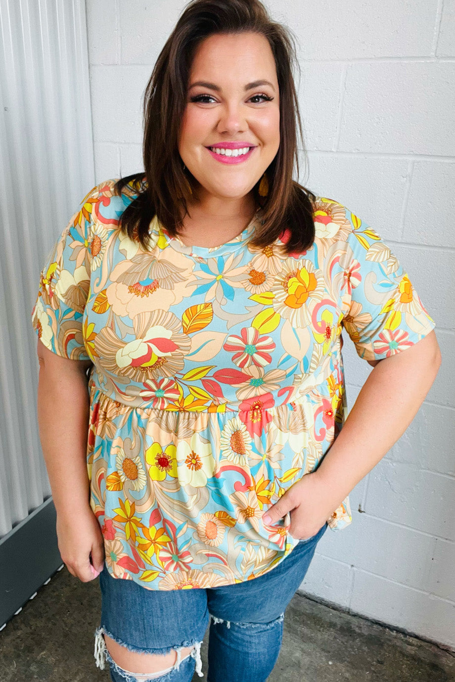 Peach & Aqua Floral Babydoll Top