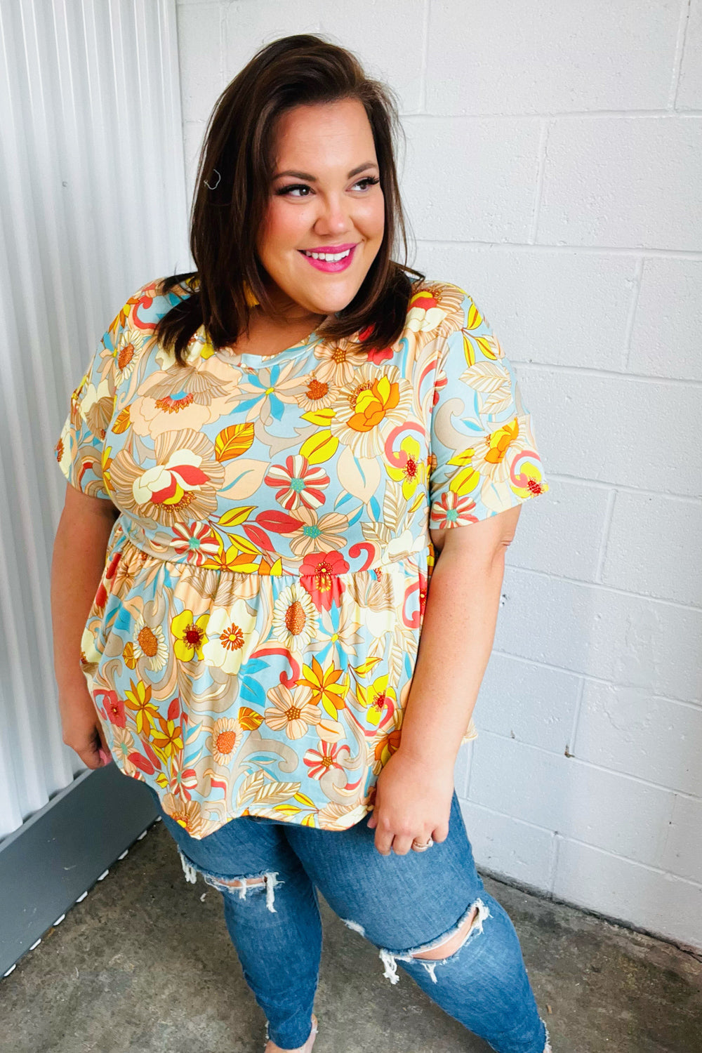 Peach & Aqua Floral Babydoll Top