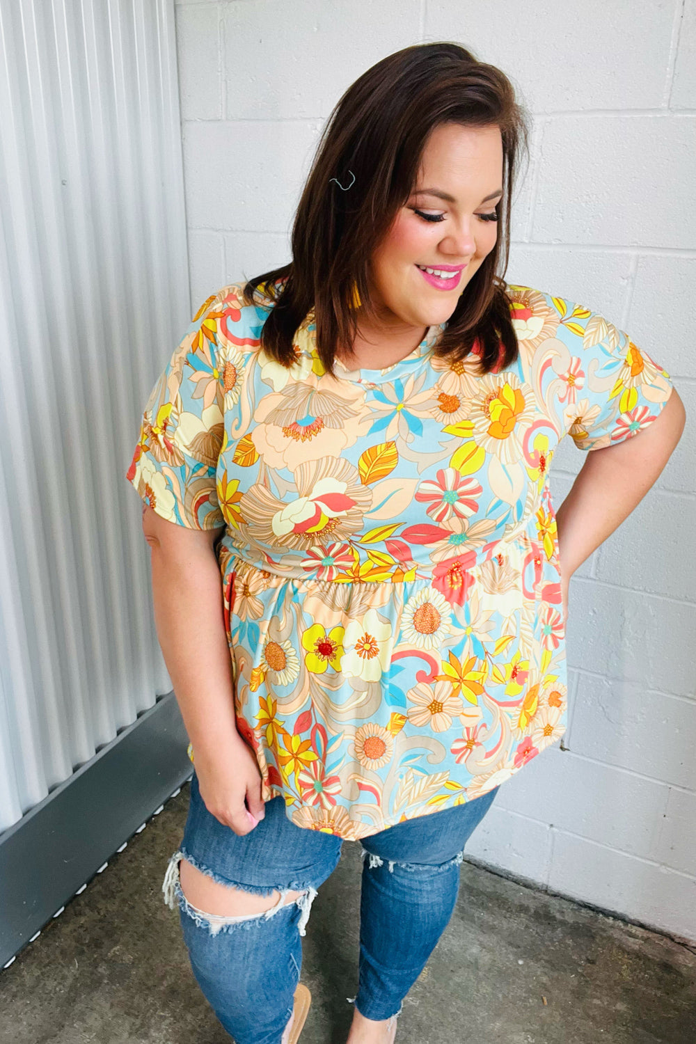 Peach & Aqua Floral Babydoll Top