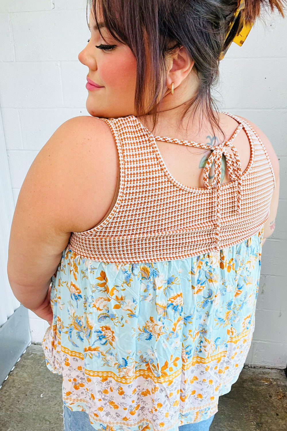 Orange & Blue Two Tone Floral Back Tie Tank