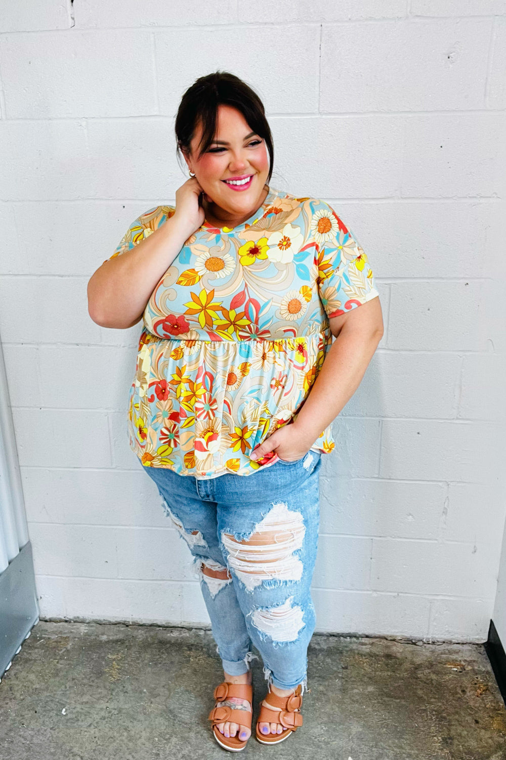 Peach & Aqua Floral Babydoll Top