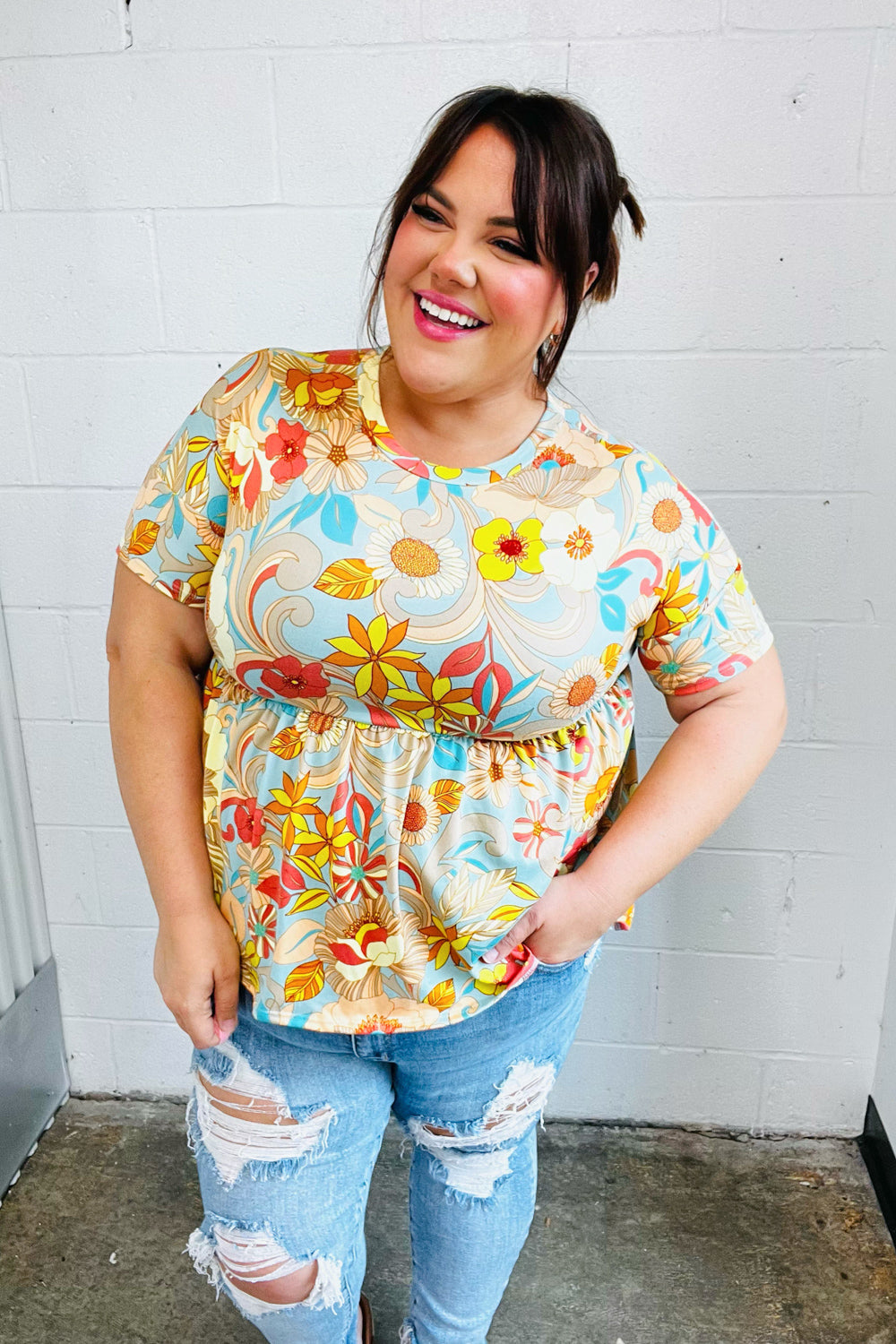 Peach & Aqua Floral Babydoll Top