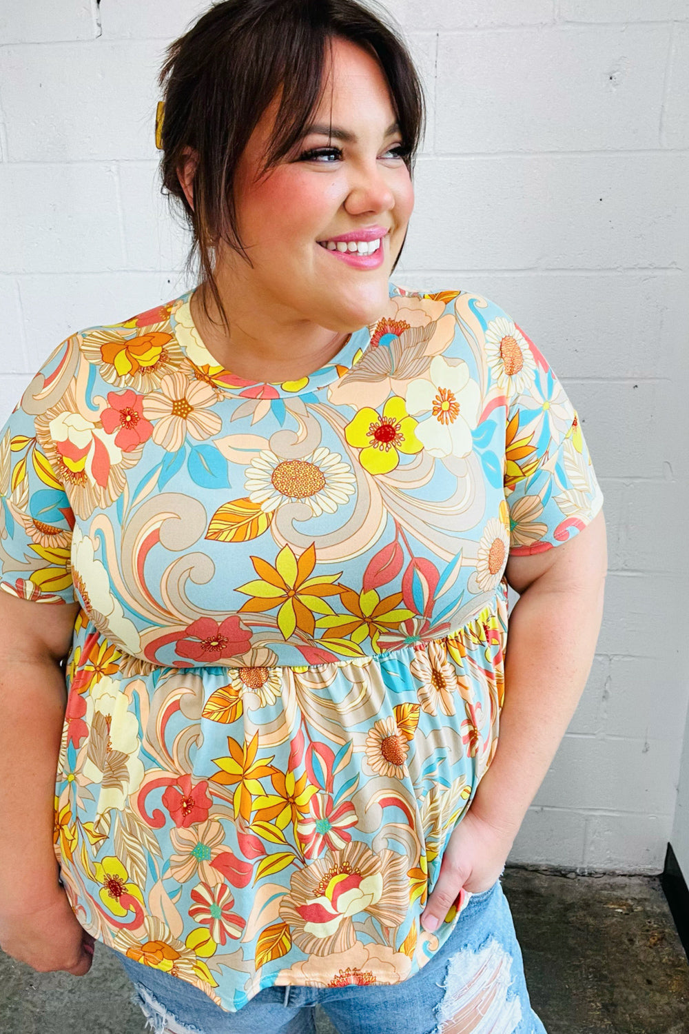Peach & Aqua Floral Babydoll Top